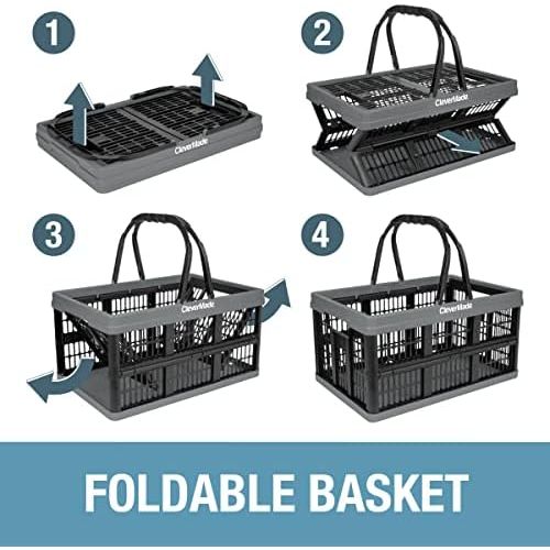  [아마존베스트]CleverMade Collapsible Plastic Grocery Shopping Baskets: Small Folding Stackable Storage Containers/Bins with Handles, Pack of 3, Bright Blue/Black