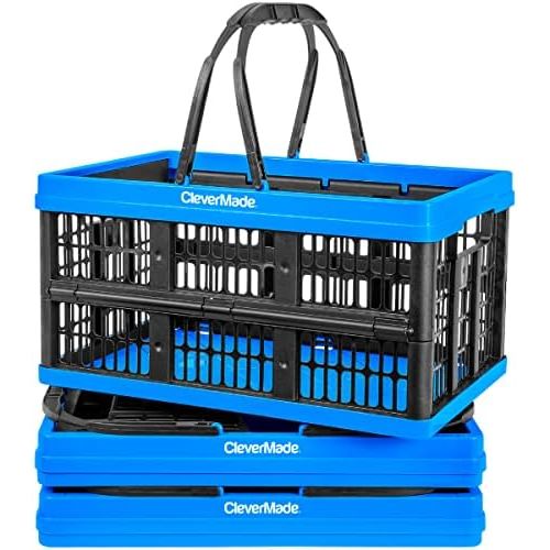  [아마존베스트]CleverMade Collapsible Plastic Grocery Shopping Baskets: Small Folding Stackable Storage Containers/Bins with Handles, Pack of 3, Bright Blue/Black