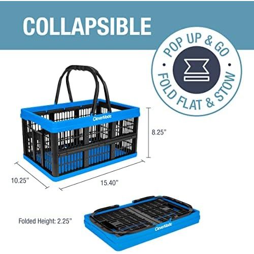  [아마존베스트]CleverMade Collapsible Plastic Grocery Shopping Baskets: Small Folding Stackable Storage Containers/Bins with Handles, Pack of 3, Bright Blue/Black