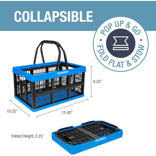  [아마존베스트]CleverMade Collapsible Plastic Grocery Shopping Baskets: Small Folding Stackable Storage Containers/Bins with Handles, Pack of 3, Bright Blue/Black