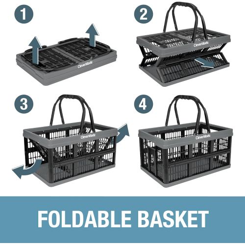  [아마존베스트]CleverMade Collapsible Plastic Grocery Shopping Baskets: Small Folding Stackable Storage Containers/Bins with Handles, Pack of 3, Bright Blue/Black