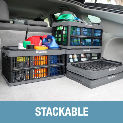  [아마존베스트]CleverMade Collapsible Plastic Grocery Shopping Baskets: Small Folding Stackable Storage Containers/Bins with Handles, Pack of 3, Bright Blue/Black