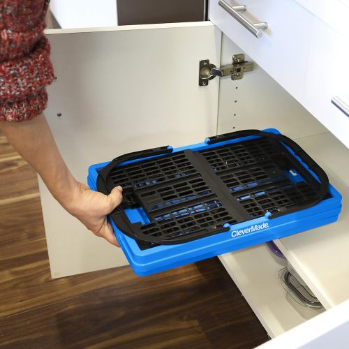  [아마존베스트]CleverMade Collapsible Plastic Grocery Shopping Baskets: Small Folding Stackable Storage Containers/Bins with Handles, Pack of 3, Bright Blue/Black