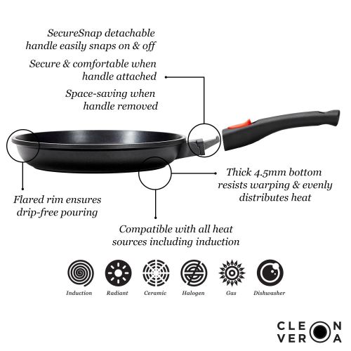  Cleverona Essential Nonstick 10.25 Inch Fry Pan with SecureSnap Detachable Handle and Large Clever Lid - Dark Grey