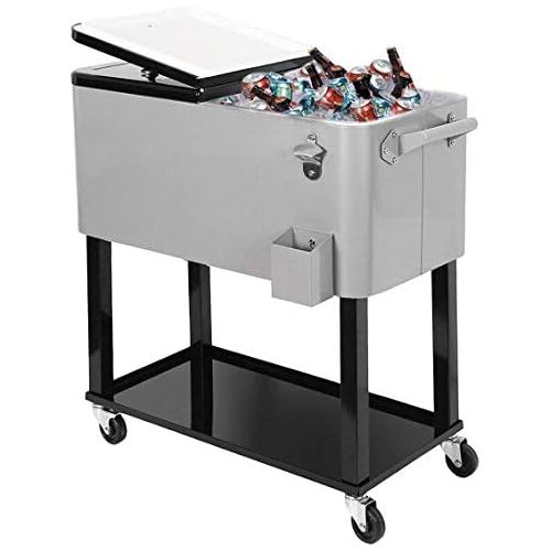  Clevr 80 Quart Qt Rolling Cooler Ice Chest for Outdoor Patio Deck Party, Grey, Portable Party Bar Cold Drink Beverage Cart Tub, Backyard Cooler Trolley on Wheels with Shelf, Stand,