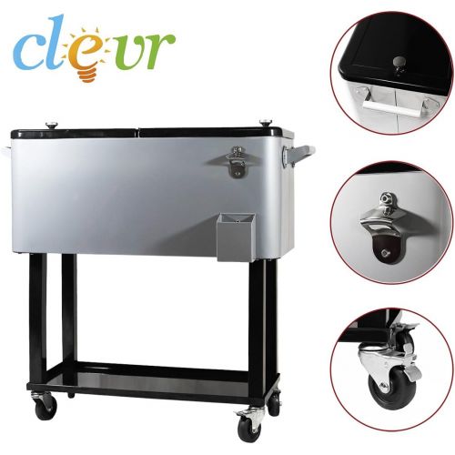  Clevr 80 Quart Qt Rolling Cooler Ice Chest for Outdoor Patio Deck Party, Grey, Portable Party Bar Cold Drink Beverage Cart Tub, Backyard Cooler Trolley on Wheels with Shelf, Stand,