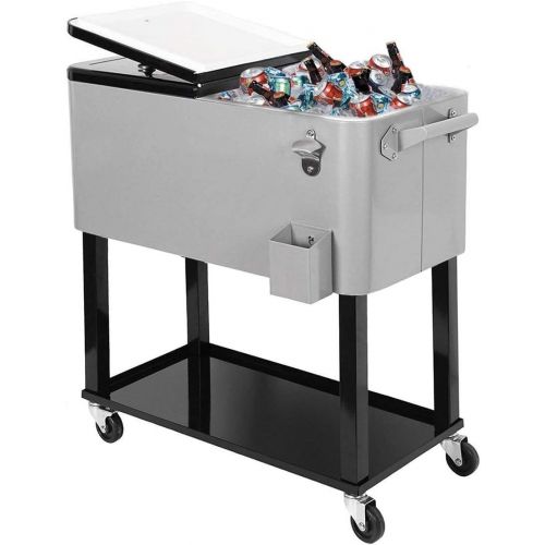  Clevr 80 Quart Qt Rolling Cooler Ice Chest for Outdoor Patio Deck Party, Grey, Portable Party Bar Cold Drink Beverage Cart Tub, Backyard Cooler Trolley on Wheels with Shelf, Stand,