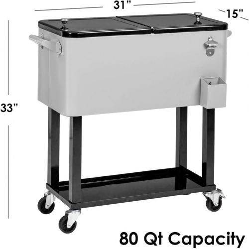  Clevr 80 Quart Qt Rolling Cooler Ice Chest for Outdoor Patio Deck Party, Grey, Portable Party Bar Cold Drink Beverage Cart Tub, Backyard Cooler Trolley on Wheels with Shelf, Stand,