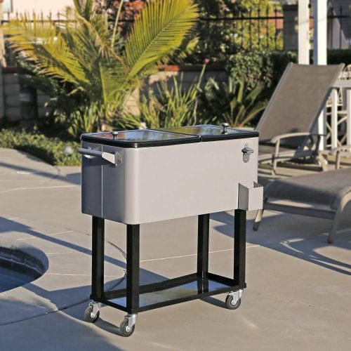  Clevr 80 Quart Qt Rolling Cooler Ice Chest for Outdoor Patio Deck Party, Grey, Portable Party Bar Cold Drink Beverage Cart Tub, Backyard Cooler Trolley on Wheels with Shelf, Stand,