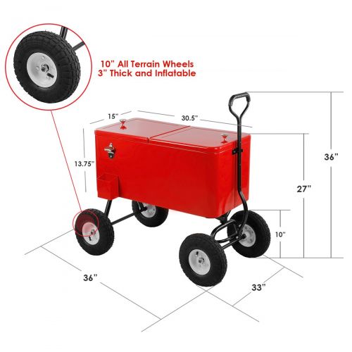  Clevr 80 Quart Qt Party Wagon Cooler Rolling Cooler Ice Chest, Red, w/Long Handle and 10 All Terrain Wheels, Portable Beach Patio Party Bar Cold Drink Beverage Chest, Outdoor Park