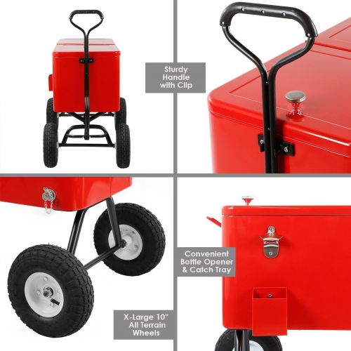  Clevr 80 Quart Qt Party Wagon Cooler Rolling Cooler Ice Chest, Red, w/Long Handle and 10 All Terrain Wheels, Portable Beach Patio Party Bar Cold Drink Beverage Chest, Outdoor Park