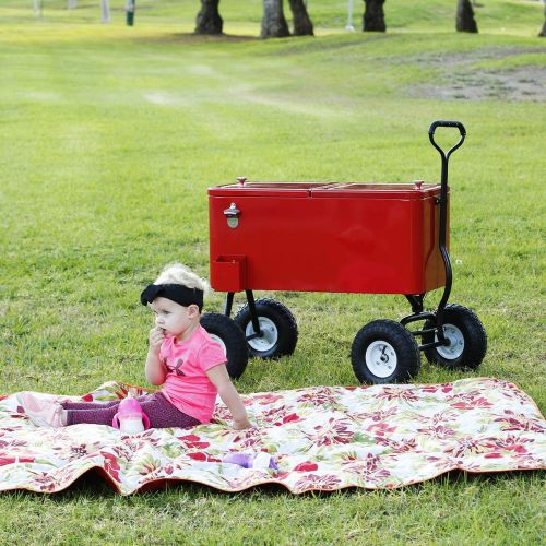  Clevr 80 Quart Qt Party Wagon Cooler Rolling Cooler Ice Chest, Red, w/Long Handle and 10 All Terrain Wheels, Portable Beach Patio Party Bar Cold Drink Beverage Chest, Outdoor Park