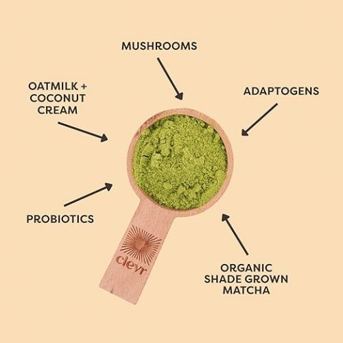  Clevr Matcha Green Tea Powder, Oat Milk Instant Latte Mix with Organic Matcha, Adaptogens, Mushrooms, Probiotics, Lion's Mane, Reishi and Ashwagandha