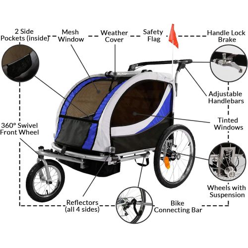  Clevr Deluxe 3-in-1 Double 2 Seat Bicycle Bike Trailer Jogger Stroller for Kids Children Foldable Collapsible w/Pivot Front Wheel