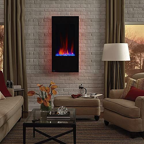  Clevr 32 Vertical Wall Mounted Fireplace Heater, with Adjustable LED Back Light Colors, Modern Black Electric Heat with Decorative Crystals, CSA and UL Certified, 1500W