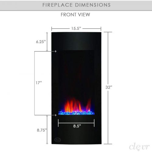  Clevr 32 Vertical Wall Mounted Fireplace Heater, with Adjustable LED Back Light Colors, Modern Black Electric Heat with Decorative Crystals, CSA and UL Certified, 1500W