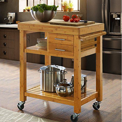  Clevr Rolling Bamboo Wood Kitchen Island Cart Trolley, Kitchen Trolley Cart on Wheels, Rolling Kitchen Cart with Drawers Shelves, Towel Rack, Locking Casters