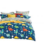 Cliab Dinosaur Bedding Blue Queen Size for Kids Boys 100% Cotton 7 Pieces