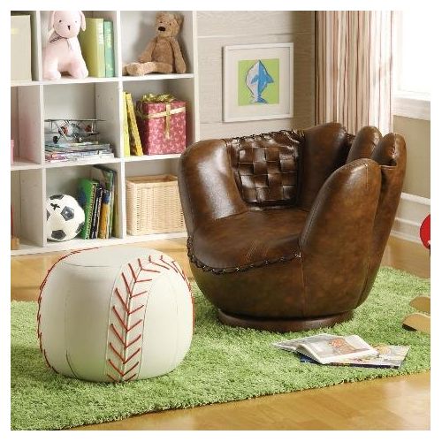  Click 2 Go Brand New 32.5x 32.5x 27.5H Baseball Glove Chair And 17 Dia.x 13H Baseball Ottoman Set