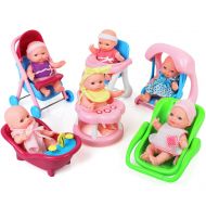 Click N Play Click N’ Play Set of 8 Mini 5” Baby Girl Dolls with accessories, Stroller, Cradle, High Chair, Bathtub, Infant Seat, Swing, Walker, Potty.