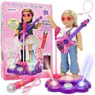 [아마존베스트]Kids Doll Interacting Toy Karaoke Machine Performance Stage Disco LED Lights, Guitar, Microphone with Stand Sunglasses Smartphone MP3 Connectivity Sing-Along Perfect For 18 inch Am