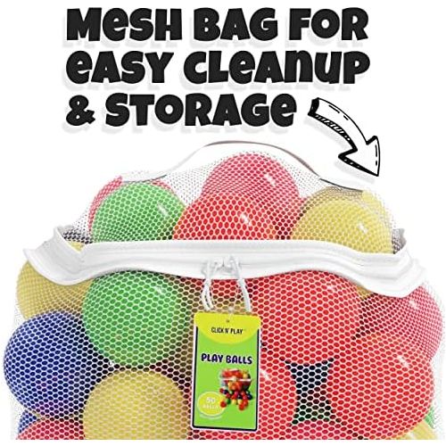  Click N Play Pack of 100 Phthalate Free BPA Free Crush Proof Plastic Ball, Pit Balls - 6 Bright Colors in Reusable and Durable Storage Mesh Bag with Zipper