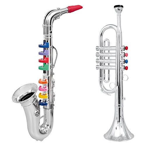  [아마존베스트]Click n Play Set of 2 Musical Wind Instruments for Kids - Metallic Silver Saxophone and Trumpet Horn