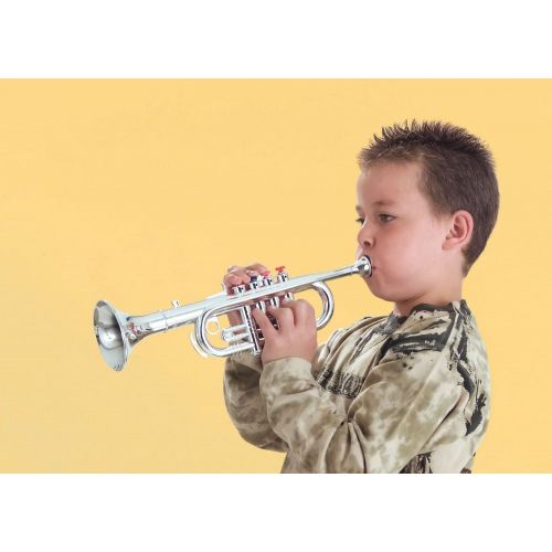  [아마존베스트]Click n Play Metallic Silver Kids Trumpet Horn Wind Instrument with 4 Colored Keys