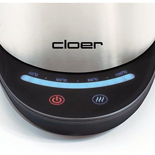  Cloer 4959 Touch-Wasserkocher / 2200 W / Basisstation mit Glasoberflache / LED-Anzeige und Touchdisplay mit Temperaturregelung ( 40°- 100° C) / 1,7 Liter / mattierter Edelstahlbeha