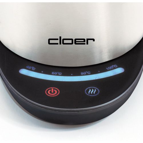  Cloer 4959 Touch-Wasserkocher / 2200 W / Basisstation mit Glasoberflache / LED-Anzeige und Touchdisplay mit Temperaturregelung ( 40°- 100° C) / 1,7 Liter / mattierter Edelstahlbeha