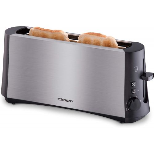  Cloer 3810 Langschlitztoaster, 880 W fuer 2 Toastscheiben mit Graubrot-Funktion zum Toasten von verschiedenen Brotsorten, Broetchenaufsatz, Edelstahlgehause