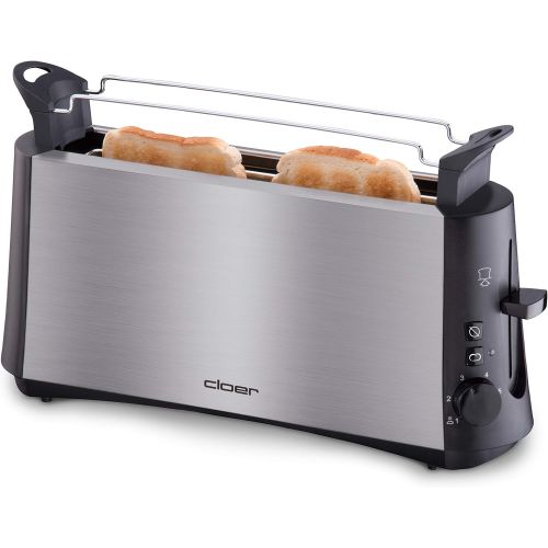  Cloer 3810 Langschlitztoaster, 880 W fuer 2 Toastscheiben mit Graubrot-Funktion zum Toasten von verschiedenen Brotsorten, Broetchenaufsatz, Edelstahlgehause