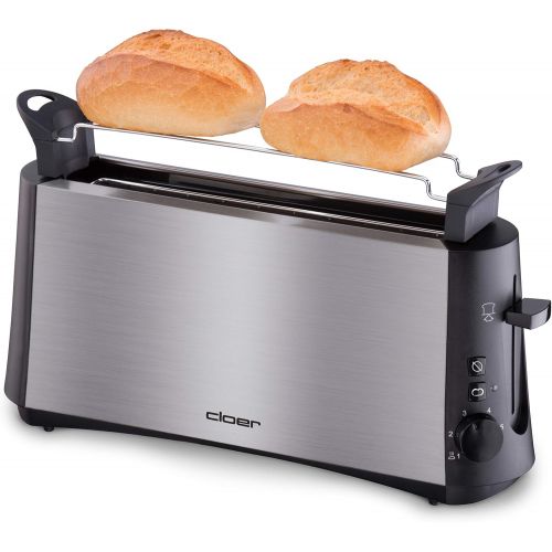  Cloer 3810 Langschlitztoaster, 880 W fuer 2 Toastscheiben mit Graubrot-Funktion zum Toasten von verschiedenen Brotsorten, Broetchenaufsatz, Edelstahlgehause