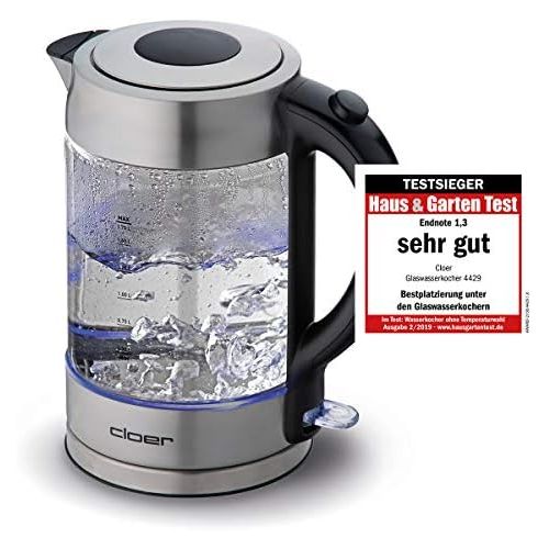  Cloer 4429 Glas Wasserkocher/Testsieger Haus und Garten 02.2019/2200 Watt/LED-Beleuchtung/verriegelter Sicherheitsdeckel/verdecktes Heizelement / 1,7 Liter/Edelstahl, 1.7 liters