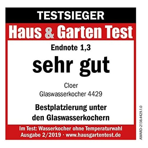  Cloer 4429 Glas Wasserkocher/Testsieger Haus und Garten 02.2019/2200 Watt/LED-Beleuchtung/verriegelter Sicherheitsdeckel/verdecktes Heizelement / 1,7 Liter/Edelstahl, 1.7 liters