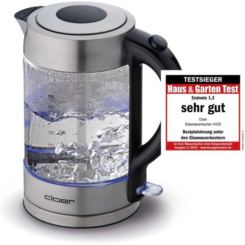  Cloer 4429 Glas Wasserkocher/Testsieger Haus und Garten 02.2019/2200 Watt/LED-Beleuchtung/verriegelter Sicherheitsdeckel/verdecktes Heizelement / 1,7 Liter/Edelstahl, 1.7 liters