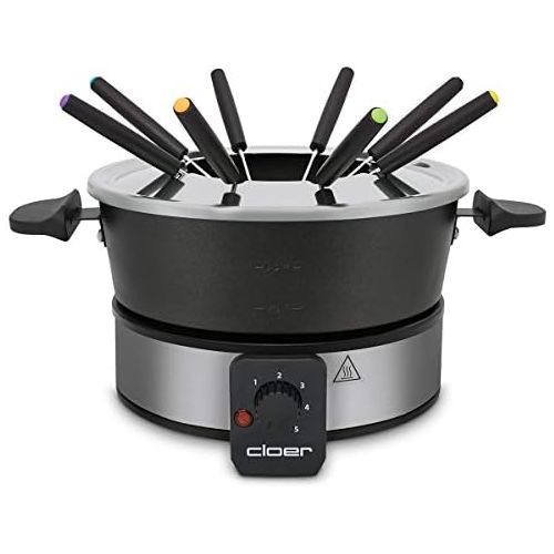  [아마존베스트]Cloer 6679 Fondue for 8 People Coated Aluminium Pot Including Splash Guard 8 Coloured Forks 1.5 Litres 1000 W Silver / Black