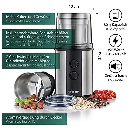  [아마존베스트]Cloer 7419 Electric Coffee and Spice Mill with Stainless Steel Impact Knife, 350 W, 2 Removable Stainless Steel Containers, for Pesto, Herbs, Nuts and Grains, up to 80 g Coffee Bea