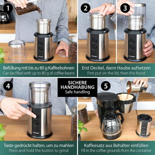  [아마존베스트]Cloer 7419 Electric Coffee and Spice Mill with Stainless Steel Impact Knife, 350 W, 2 Removable Stainless Steel Containers, for Pesto, Herbs, Nuts and Grains, up to 80 g Coffee Bea