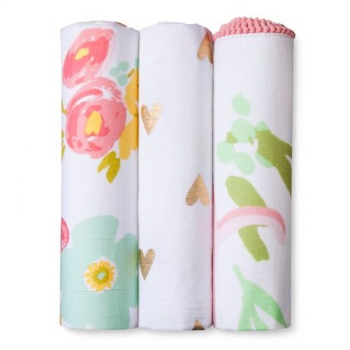  Cotton Floral Muslin Swaddle Blankets 3 Pack by Cloud Island - Pink