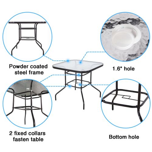  Cloud Mountain 32 x 32 Outdoor Dining Table Tempered Glass Table Patio Bistro Table Top Umbrella Stand Square Table Deck Outdoor Furniture Garden Table, Dark Chocolate