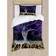 Clouday Full Bedding Sets for Boys,Tree of Life Duvet Cover Set,Psychedelic Magical Mysterious Tree at Night with Birds and Fishes Home Art,Include 1 Flat Sheet 1 Duvet Cover and 2 Pillow