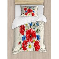 Clouday Girls Boys Queen Bedding Sets,Flowers Duvet Cover Set,Vintage Watercolor Bouquet of Wildflowers Poppies Daisies Cornflowers Butterflies,Include 1 Flat Sheet 1 Duvet Cover and 2 Pil