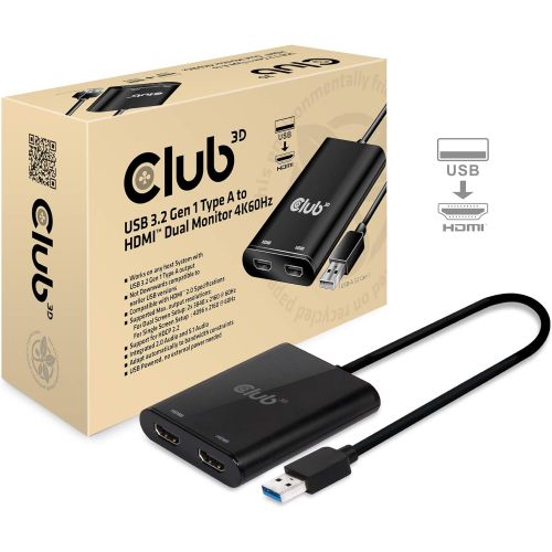  CLUB3D Club3D CSV-1474 USB 3.0 type A to Dual HDMI 2.0 4K 60Hz External Graphics video adapter for multiple Monitors