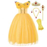 Cmiko Princess Belle Costume Generic Deluxe Party Fancy Dress Up for Girls with Rich Accessories