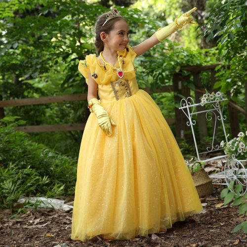  Cmiko Princess Belle Costume Generic Deluxe Party Fancy Dress Up for Girls with Rich Accessories