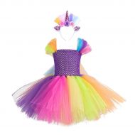 Cmiko Rainbow Ribbon Tutu Skirt Costume Onesie Dress Ballet Unicorn Headband Girl