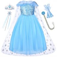 Cmiko Princess Elsa Dress with Cloak Tiara Wand Wig Gloves for Age 2-8 Years Girls Party