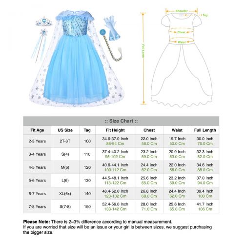  Cmiko Princess Elsa Dress with Cloak Tiara Wand Wig Gloves for Age 2-8 Years Girls Party