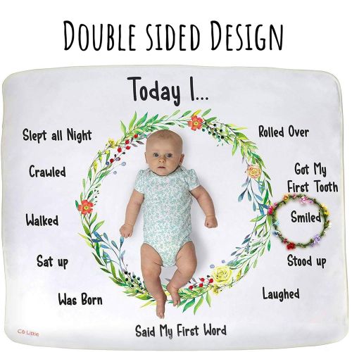  Co Little Baby Monthly Milestone Blanket |Double Sided + Wreath Frame| Growth Month Blanket - Best Shower Gift for Newborn Girl & Boy - Floral Age Photo Props Backdrop - 2 Layer Soft Fleece